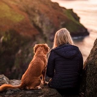 Person og hund ved kysten